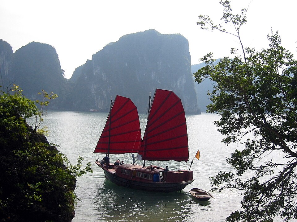 Traditional junk boat cruising Ha Long Bay