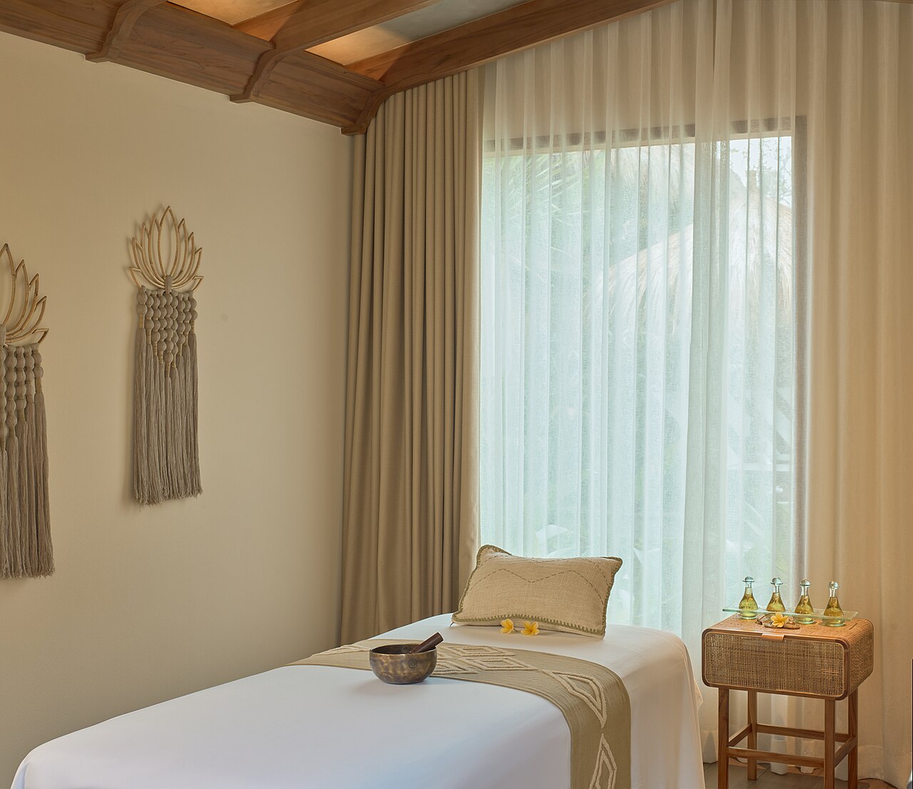 Serene spa treatment room with tropical view